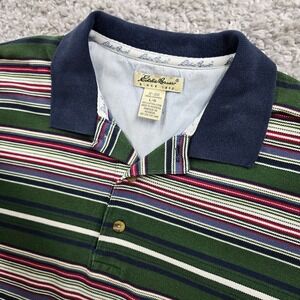 Eddie Bauer Mens Green Striped Cotton Polo Shirt Size‎ L Classic Preppy Casual